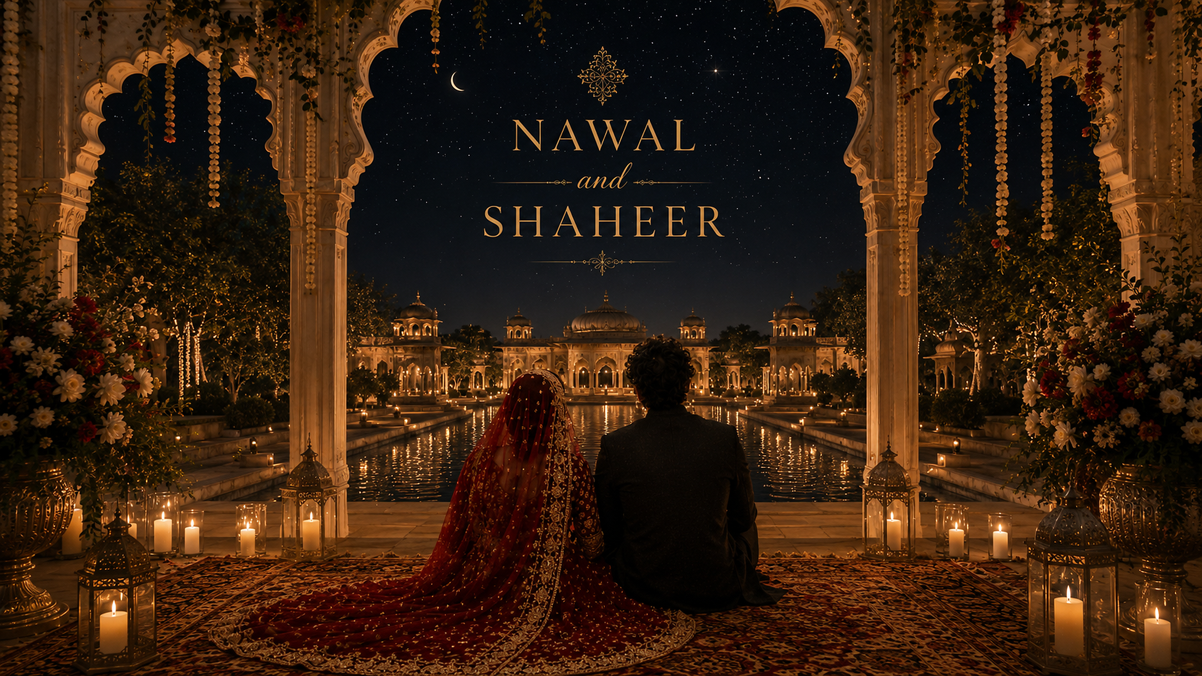 Nawal and Shaheer — an illuminated Mughal courtyard under a starry night sky