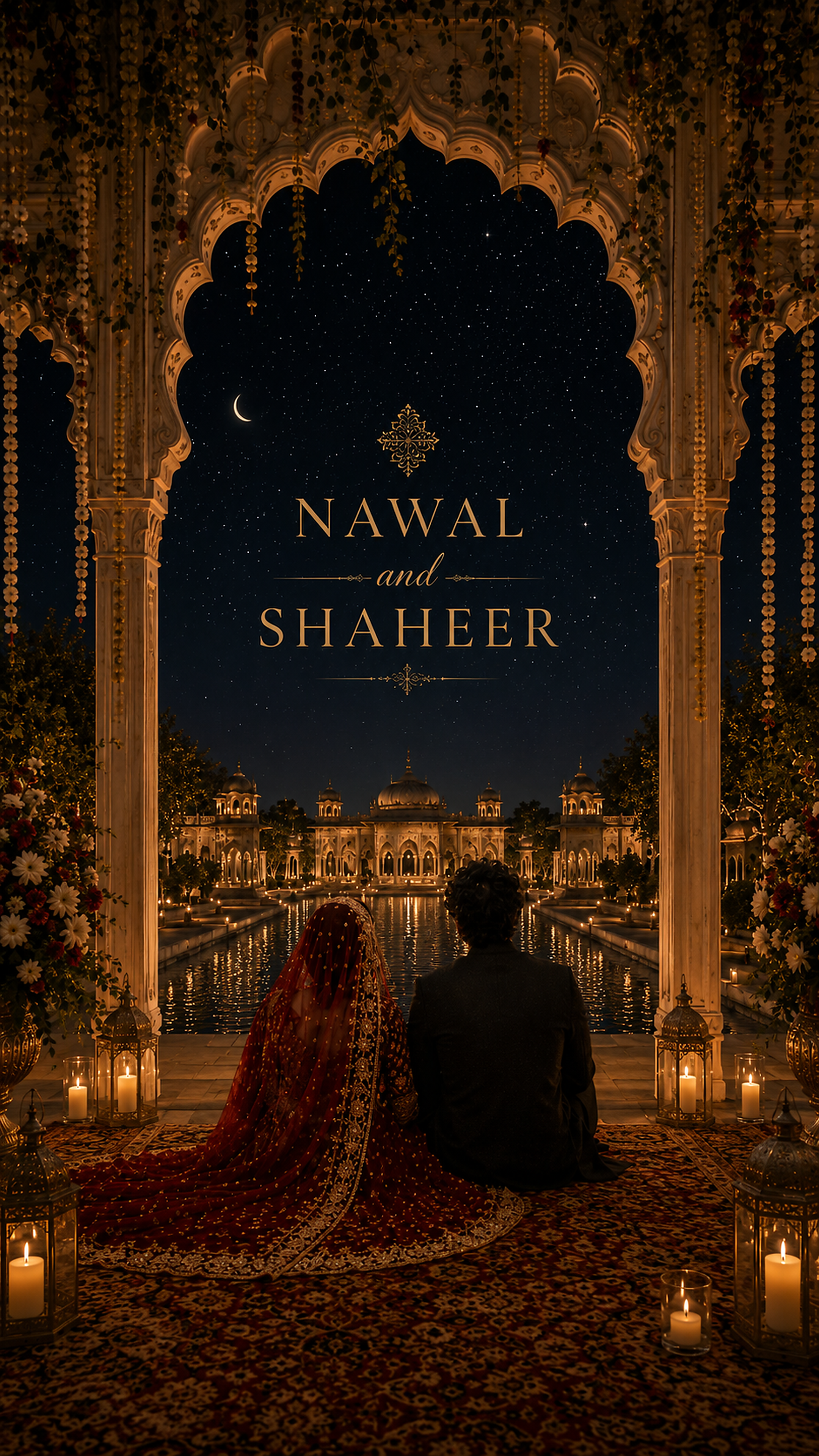 Nawal and Shaheer — an illuminated Mughal archway under a starry night sky